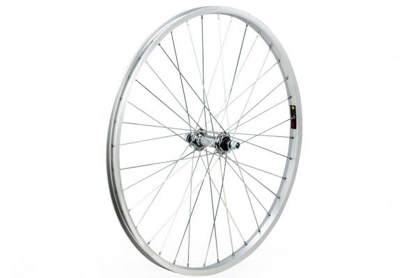 Колесо переднее 24", обод алюминиевый, одинарный 36 спиц, серебристый на гайках